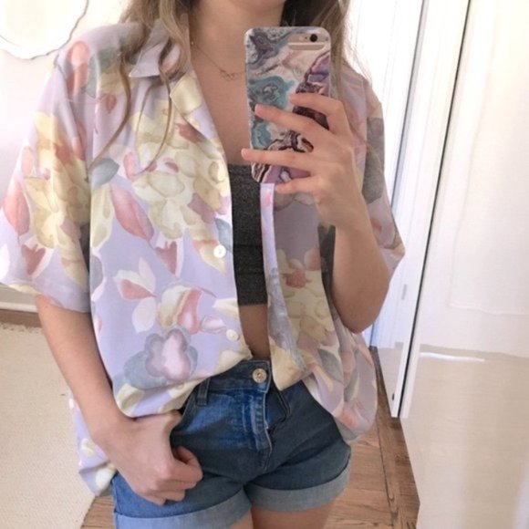 Vintage Tops - Vintage oversized pastel floral button up 80s top